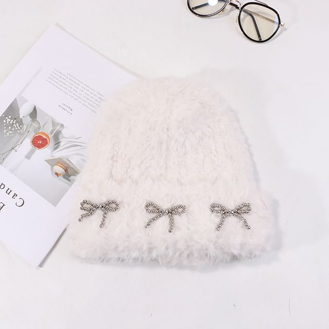 Metallic Bow Studded Chenille Beanie