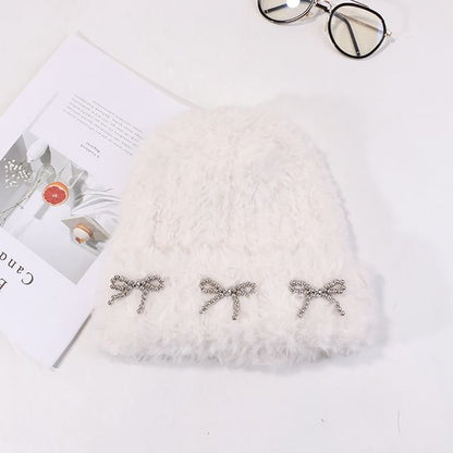 Metallic Bow Studded Chenille Beanie