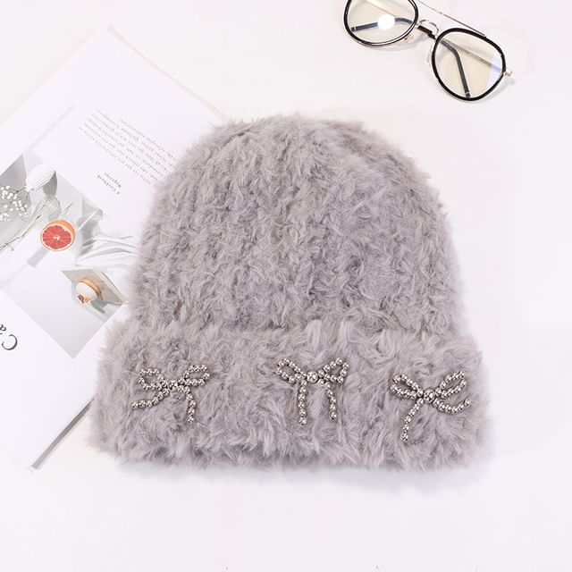 Metallic Bow Studded Chenille Beanie