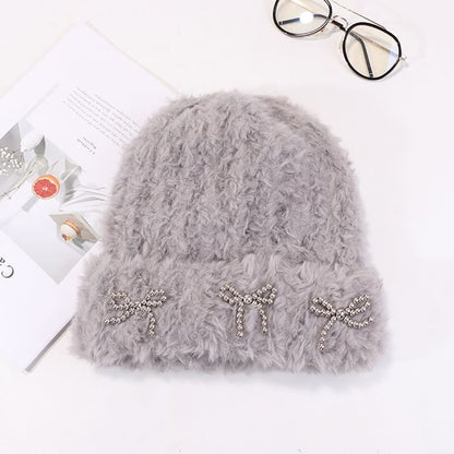 Metallic Bow Studded Chenille Beanie