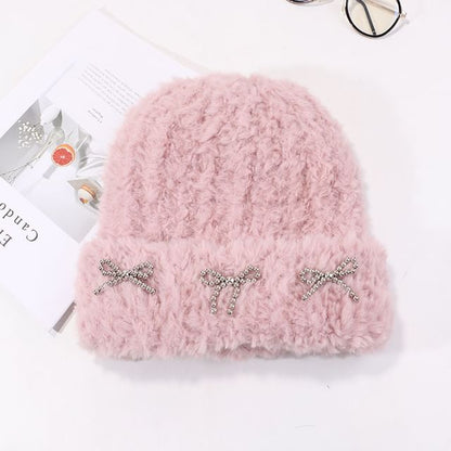 Metallic Bow Studded Chenille Beanie