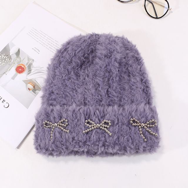 Metallic Bow Studded Chenille Beanie