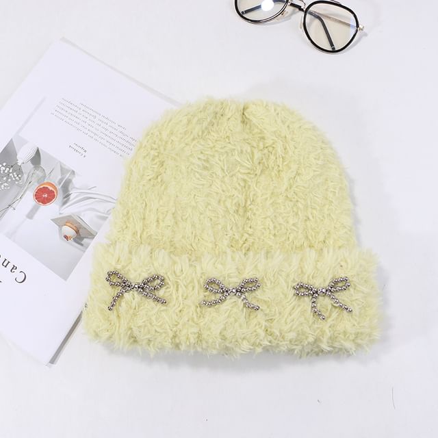 Metallic Bow Studded Chenille Beanie