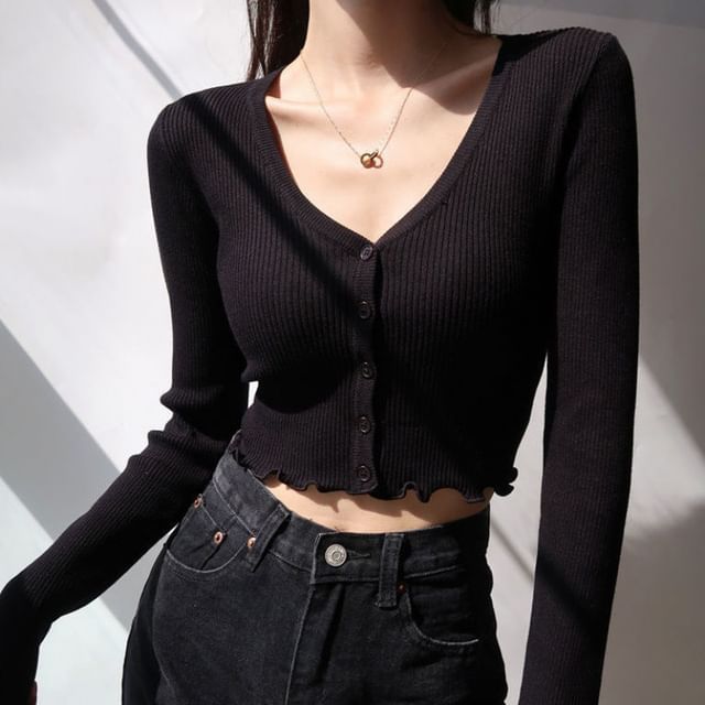 Ribbed V-Neck Cropped Sweater