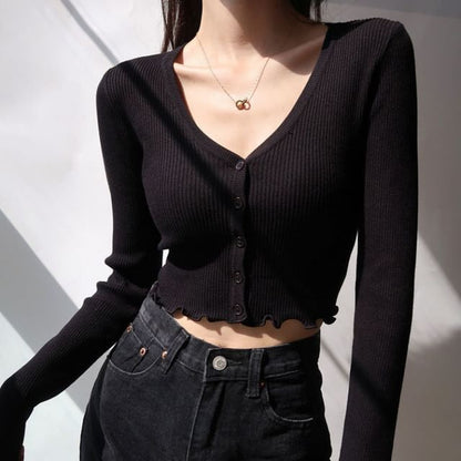 Ribbed V-Neck Cropped Sweater