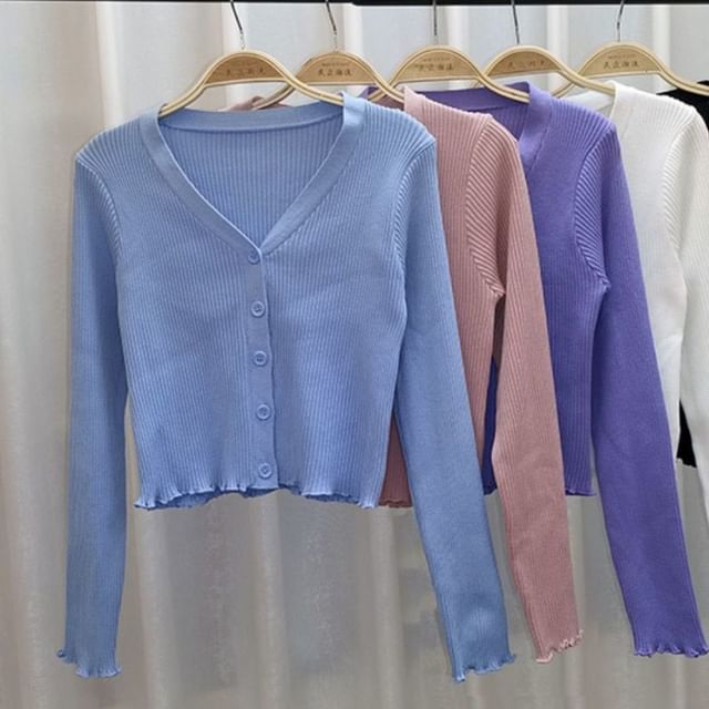 Ribbed V-Neck Cropped Sweater