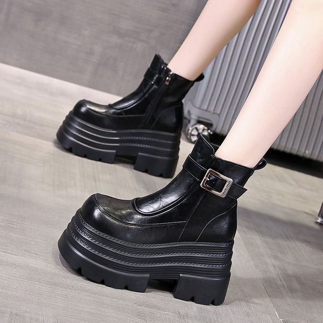 Platform Plain Buckled Zip-Up Genuine Leather Short Boots