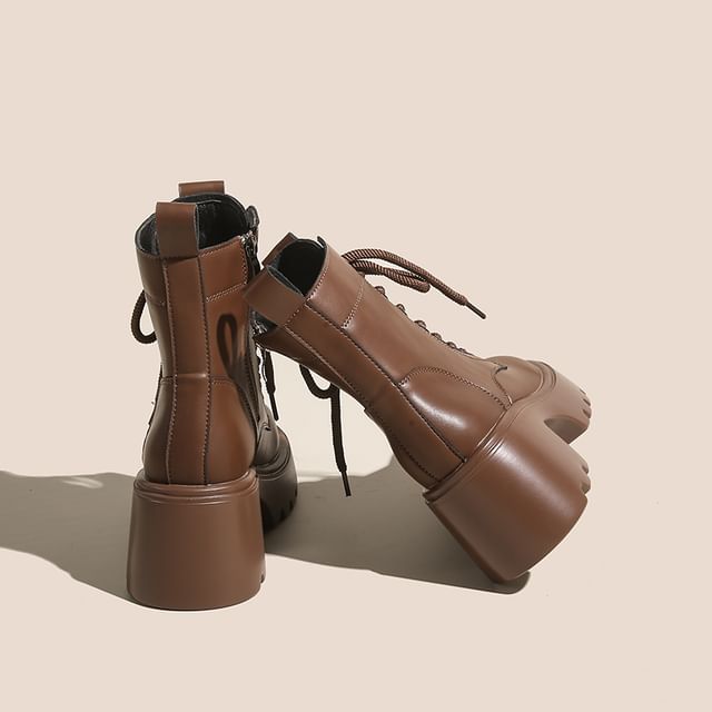 Platform Plain Lace-Up Genuine Leather Short Boots