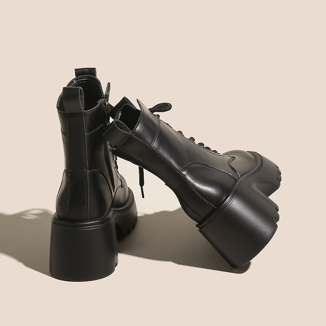 Platform Plain Lace-Up Genuine Leather Short Boots