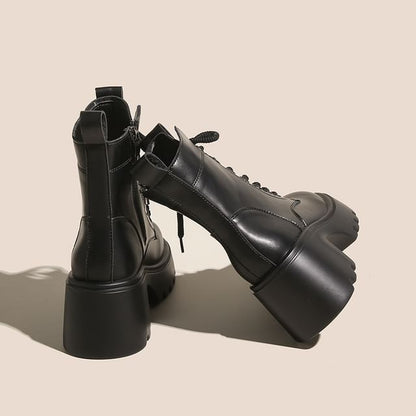 Platform Plain Lace-Up Genuine Leather Short Boots