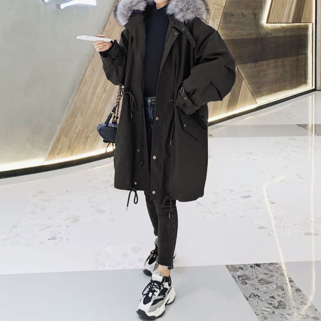 Faux Fur Button-Up Long Parka