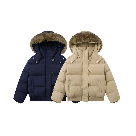 Fluffy Hooded Plain Button Up Puffer Jacket