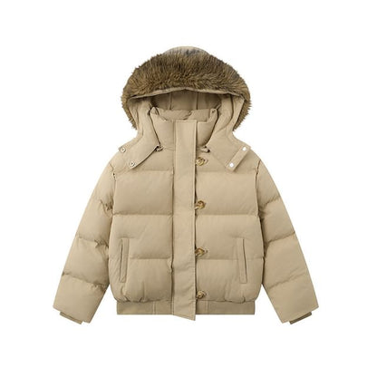 Fluffy Hooded Plain Button Up Puffer Jacket
