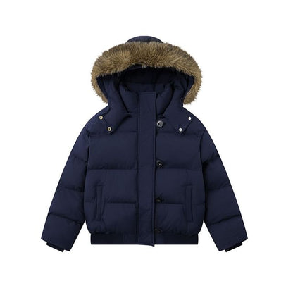 Fluffy Hooded Plain Button Up Puffer Jacket
