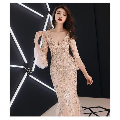 3/4-Sleeve V-Neck Metallic Mermaid Evening Gown