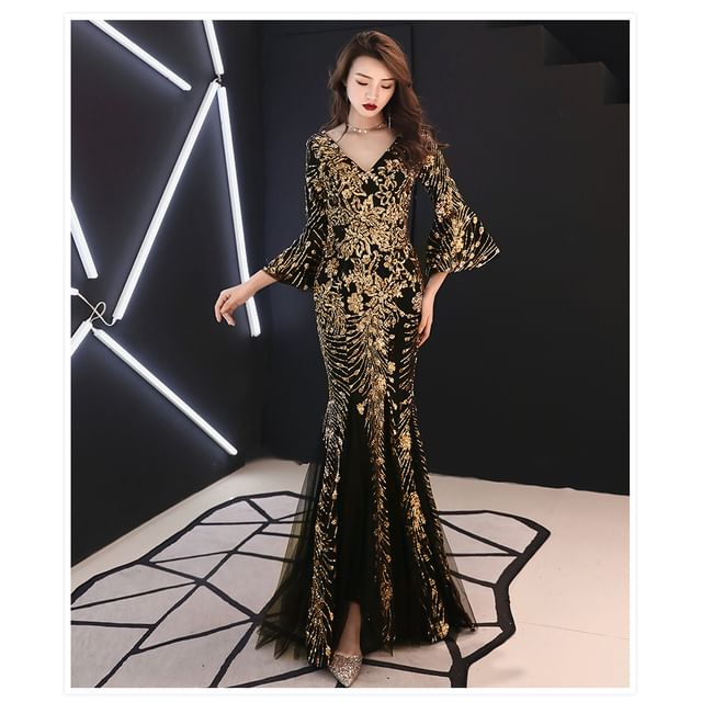 3/4-Sleeve V-Neck Metallic Mermaid Evening Gown
