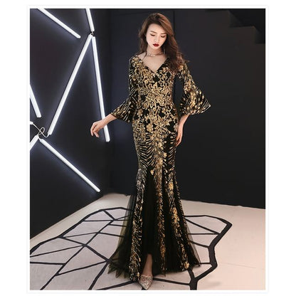 3/4-Sleeve V-Neck Metallic Mermaid Evening Gown