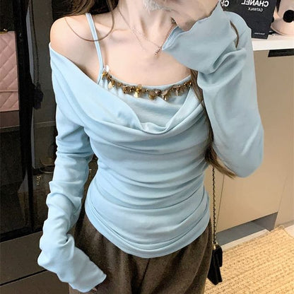Off Shoulder Long Sleeve Mock Two Piece Top