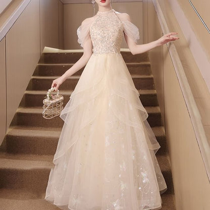 Panel Sleeveless Gown Cold A-Line Evening Shoulder Mesh Sequin