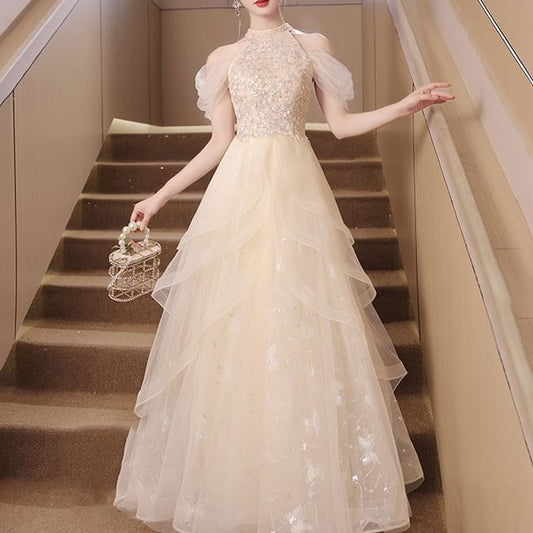 Panel Sleeveless Gown Cold A-Line Evening Shoulder Mesh Sequin