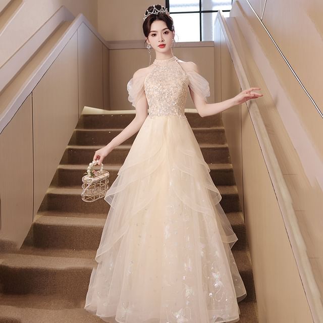 Panel Sleeveless Gown Cold A-Line Evening Shoulder Mesh Sequin