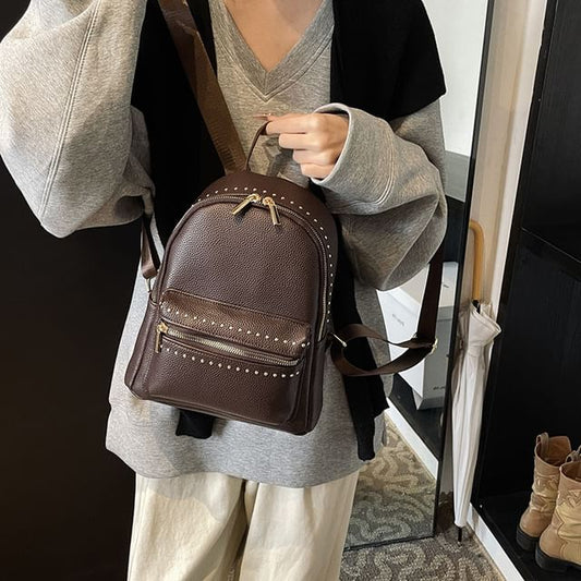 Plain Studded Faux Leather Backpack