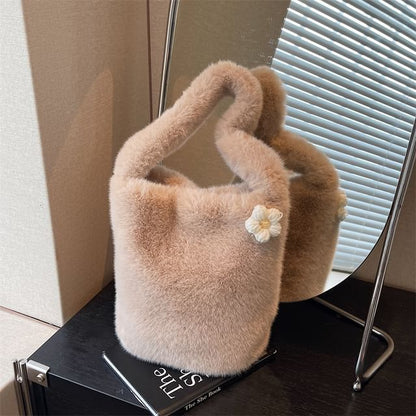 Floral Accent Fluffy Bucket Bag