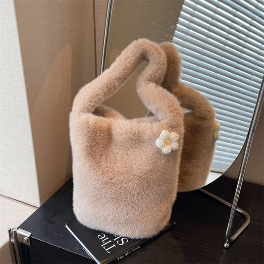 Floral Accent Fluffy Bucket Bag