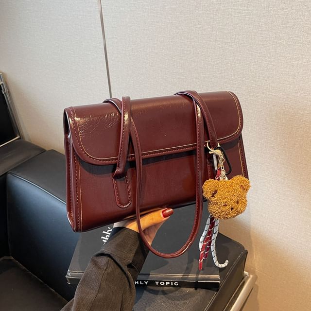 Set: Plain Faux Leather Flap Tote Bag + Bag Charm