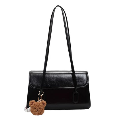 Set: Plain Faux Leather Flap Tote Bag + Bag Charm