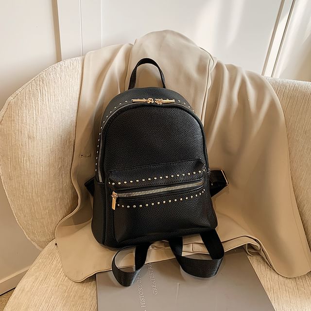 Plain Studded Faux Leather Backpack