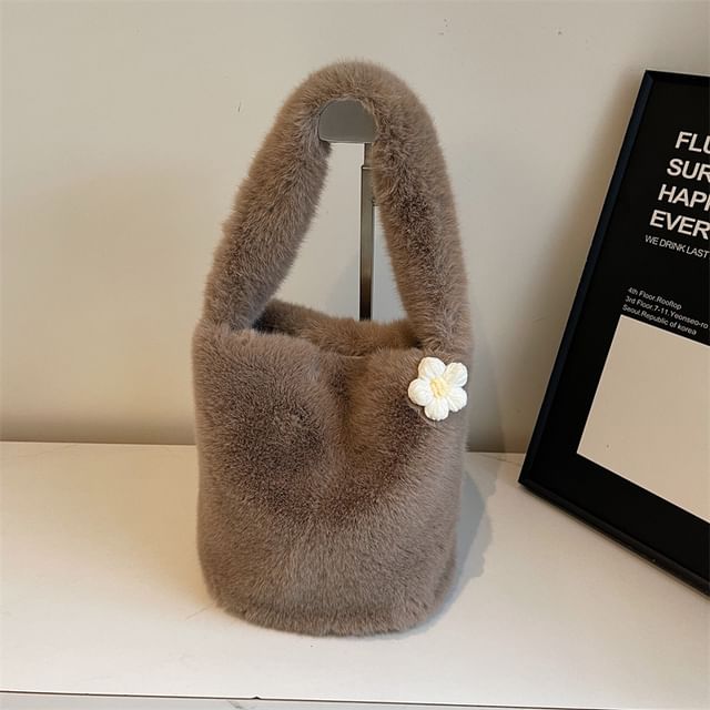 Floral Accent Fluffy Bucket Bag