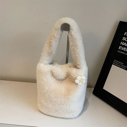 Floral Accent Fluffy Bucket Bag