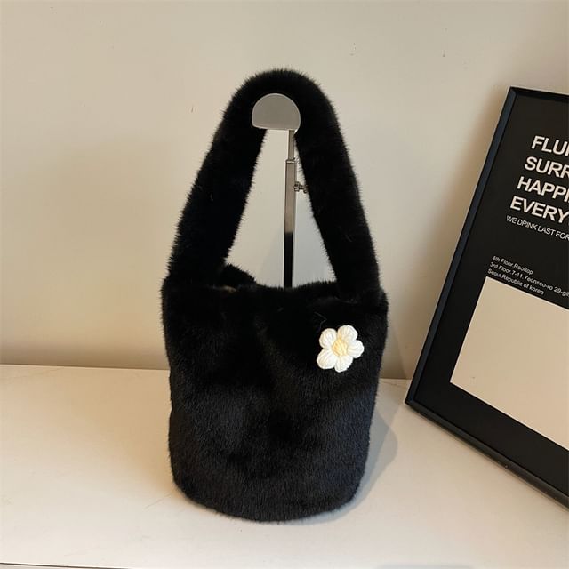 Floral Accent Fluffy Bucket Bag