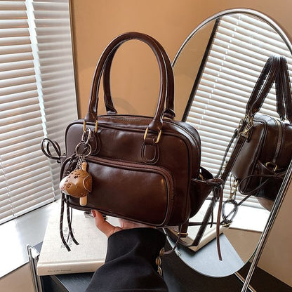 Plain Bow Accent Faux Leather Backpack / Bag Charm / Set