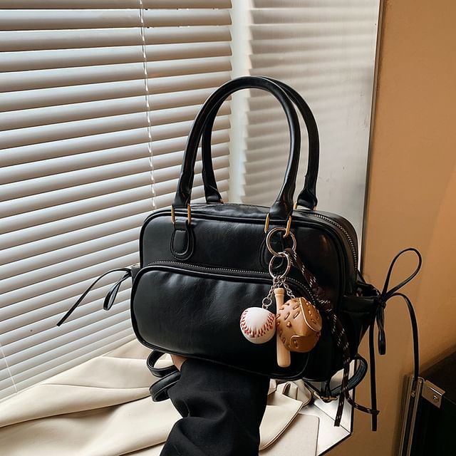 Plain Bow Accent Faux Leather Backpack / Bag Charm / Set