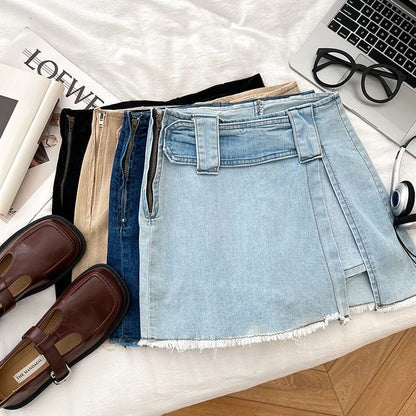 High Waist Fray Slit Mini Denim Skort