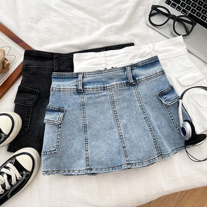 High Waist Panel Mini Denim Cargo Skort