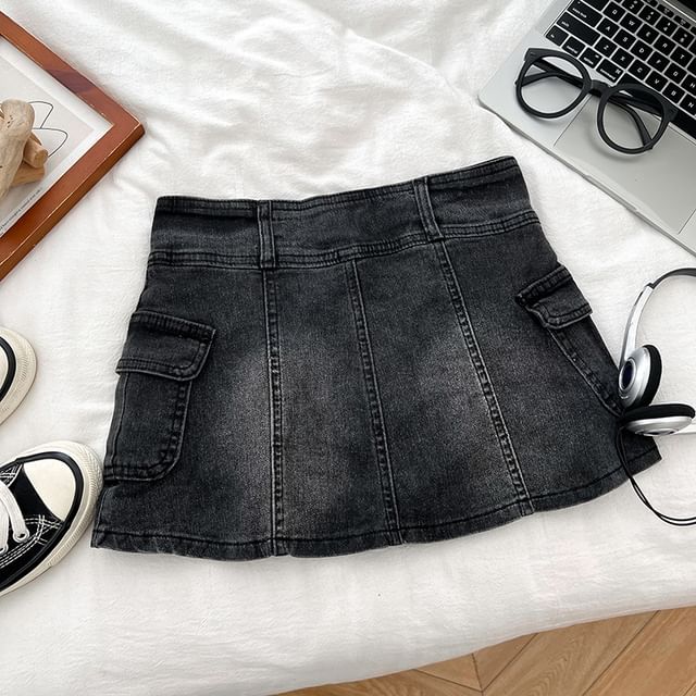 High Waist Panel Mini Denim Cargo Skort