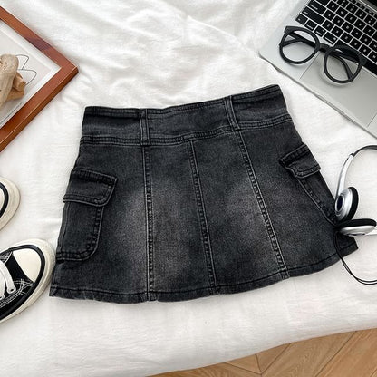 High Waist Panel Mini Denim Cargo Skort