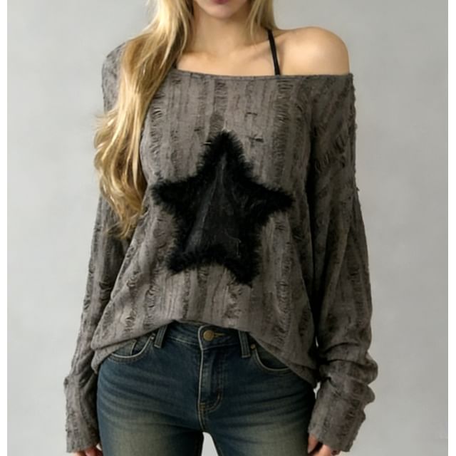 Star Patch Distressed Oversized Crewneck Extended Sleeve Sweatshirt