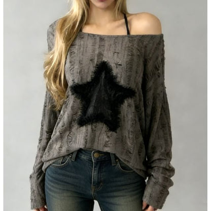 Star Patch Distressed Oversized Crewneck Extended Sleeve Sweatshirt