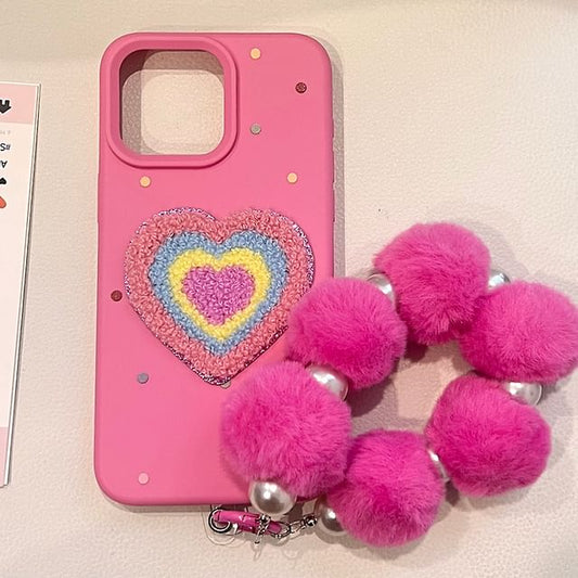 Heart Embroidered Phone Case / Pom Pom Strap / Set