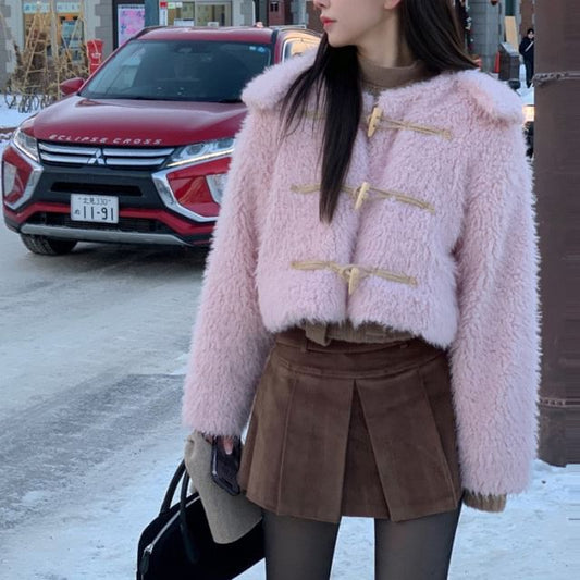 Collared Plain Fluffy Toggle Jacket