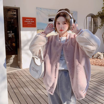 Two-Tone Fluffy Button-Up Baseball Jacket