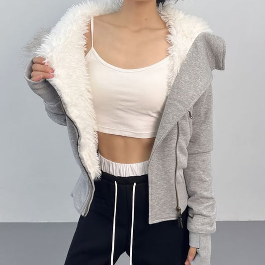 Faux Fur Hooded Zip-Up Jacket