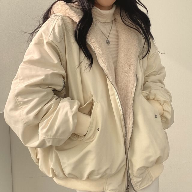 Plain Fluffy Hooded Button-Up Jacket