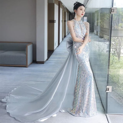 Evening Halter Strappy Bow Gown Back Mermaid Sequin
