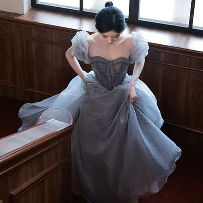 A-Line Gown Evening Puff-Sleeve Dotted