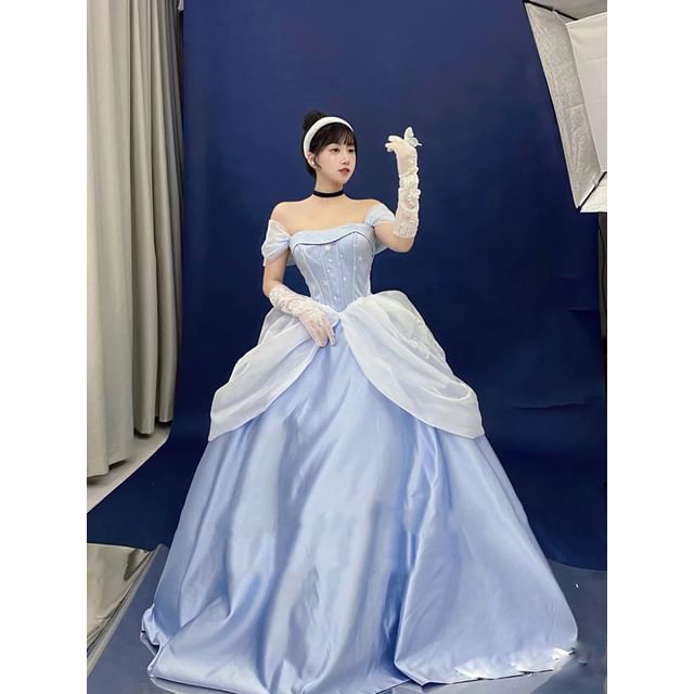 Strapless Star Print A-Line Ball Gown / Puff-Sleeve Ball Gown / Petticoat Skirt / Set